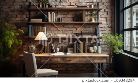 Industrial-style home office with a reclaimed wood desk Design and a bookshelf 109348294