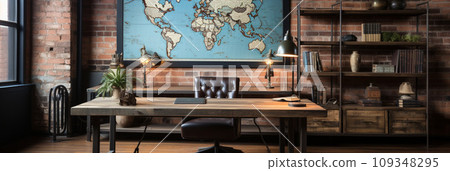 Industrial-style home office with a reclaimed wood desk Design and a bookshelf 109348295