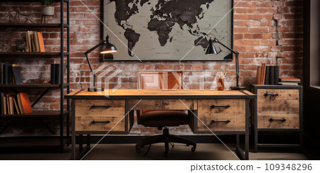 Industrial-style home office with a reclaimed wood desk Design and a bookshelf 109348296