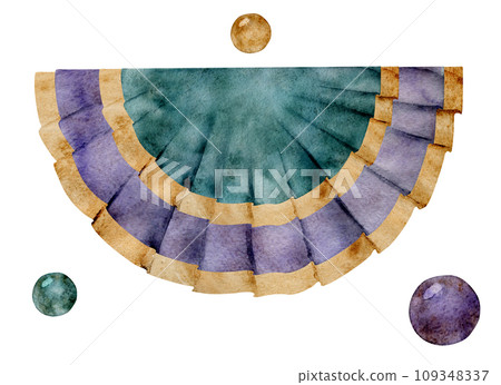 Hand drawn watercolor Mardi Gras carnival symbols. Textile pelmet decoration drape banner, gold purple green. Single object isolated on white background. Design party invitation, print, shop, wedding 109348337