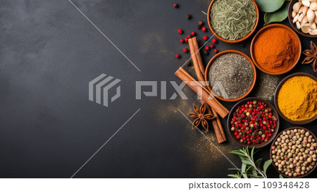 Top view of Herbal Spices on table, cooking ingredients with copy space, Food background 109348428