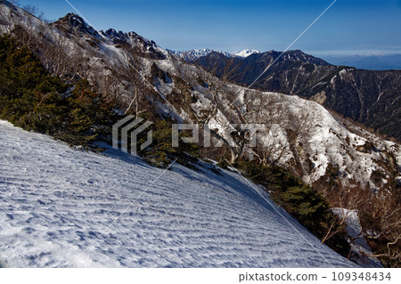 從北阿爾卑斯山合仙嶺上部看到的垣岳和宇立山連峰，還殘留著積雪 109348434