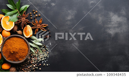 Top view of Herbal Spices on table, cooking ingredients with copy space, Food background Top view of Herbal Spices on table, cooking ingredients with copy space, Food background 109348435