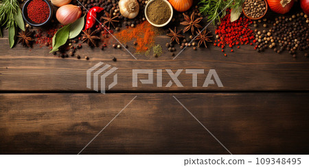 Top view of Herbal Spices on table, cooking ingredients with copy space, Food background Top view of Herbal Spices on table, cooking ingredients with copy space, Food background 109348495