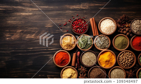 Top view of Herbal Spices on table, cooking ingredients with copy space, Food background Top view of Herbal Spices on table, cooking ingredients with copy space, Food background 109348497
