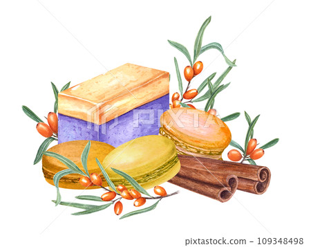 Yellow sweets surrounded by sea buckthorn branches and cinnamon sticks. Cake, macarons, berries. Traditional French macarons, cake. Fruit dessert, cream. Watercolor illustration for menu, recipe 109348498