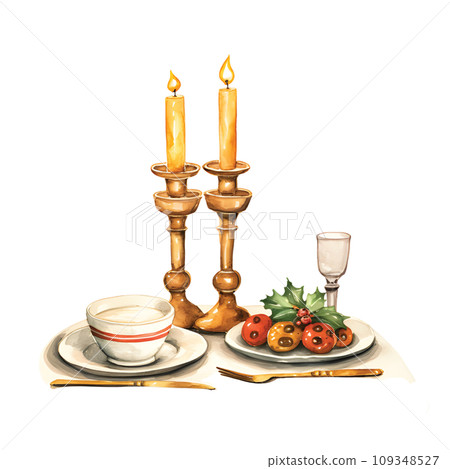 Festive Watercolor Glow: Candlestick Illuminating the Christmas Dinner Scene.GenerativeAI. 109348527