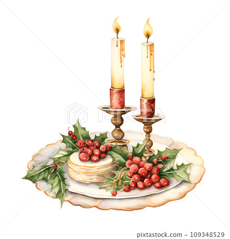 Festive Watercolor Glow: Candlestick Illuminating the Christmas Dinner Scene.GenerativeAI. 109348529
