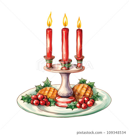 Festive Watercolor Glow: Candlestick Illuminating the Christmas Dinner Scene.GenerativeAI. 109348534