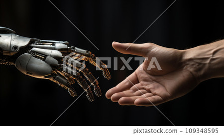 Human and robot's hand touching, Concept of harmonious coexistence of humans and AI technology 109348595