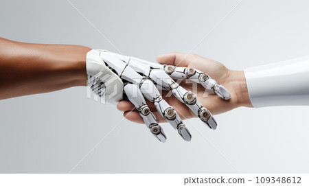 Human and robot's hand touching, Concept of harmonious coexistence of humans and AI technology 109348612