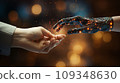 Human and robot's hand touching, Concept of harmonious coexistence of humans and AI technology 109348630