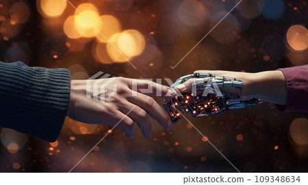 Human and robot's hand touching, Concept of harmonious coexistence of humans and AI technology 109348634