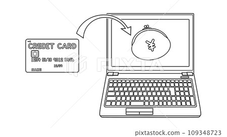 Credit card charging from a laptop (credit card, arrow, wallet, laptop, line drawing) 109348723