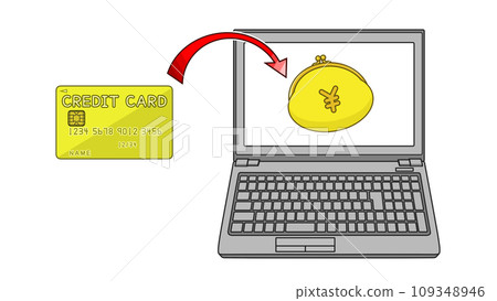 Credit card charging from a laptop (credit card, arrow, purse wallet, yen symbol, laptop) 109348946