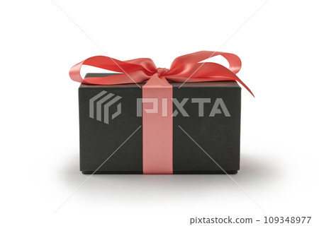 Black present box with rose ribbon isolated on white 109348977