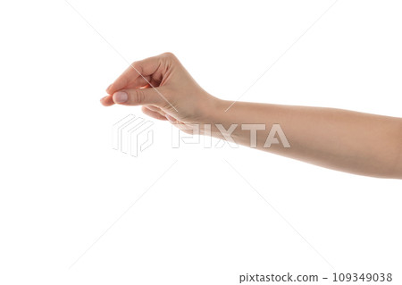 Young woman hand to hold business card or something thin isolated on white background Young woman hand to hold business card or something thin isolated on white background 109349038