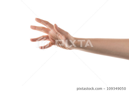 Young woman hand reaching isolated on white background Young woman hand reaching isolated on white background 109349050