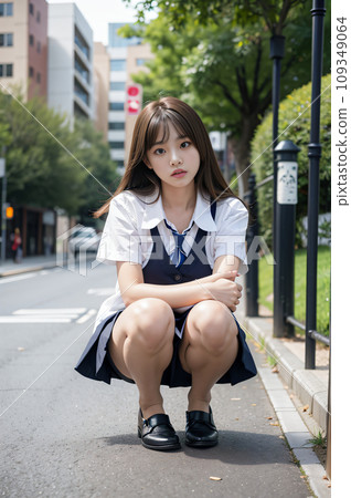 穿著制服的高中女生坐在路上AI圖像AI照片 109349064