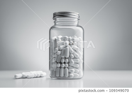 Transparent supplement bottle filled with white capsules against a gray smooth backdrop Transparent supplement bottle filled with white capsules against a gray smooth backdrop 109349070