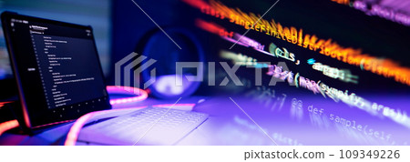 IT business.Monitor closeup of function source code. Project managers work new idea. 109349226