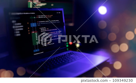 IT specialist workplace. Computer code data. Project managers work IT specialist workplace. Computer code data. Project managers work 109349230