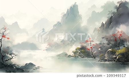 手绘唯美的水墨山脉风景插画 109349317