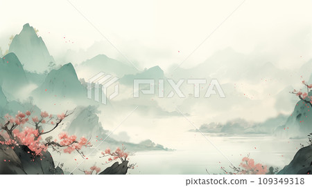 手绘唯美的水墨山脉风景插画 109349318