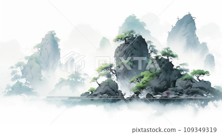 手绘唯美的水墨山脉风景插画 109349319
