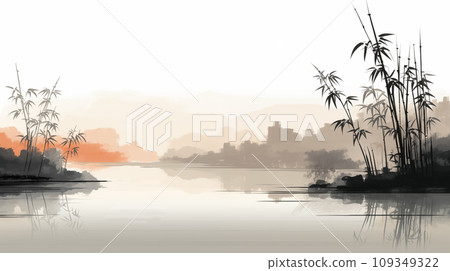 手绘唯美的水墨山脉风景插画 109349322