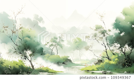 手绘唯美的水墨春天的风景插画背景素材 手绘唯美的水墨春天的风景插画背景素材 109349367