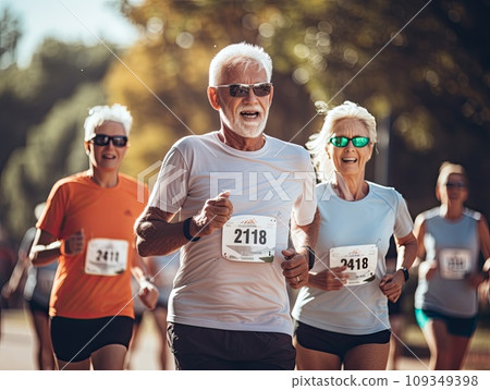 Senior grey haired men and women running a marathon race in a multi generation group of people in the park Senior grey haired men and women running a marathon race in a multi generation group of people in the park 109349398