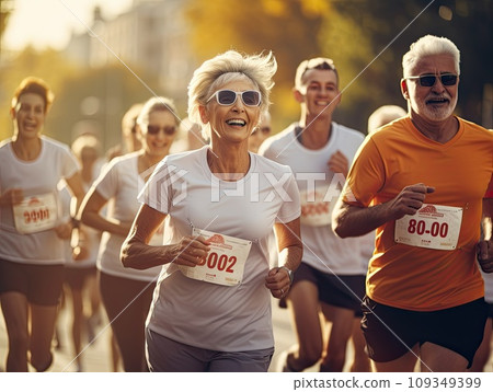 Senior grey haired men and women running a marathon race in a multi generation group of people in the park Senior grey haired men and women running a marathon race in a multi generation group of people in the park 109349399