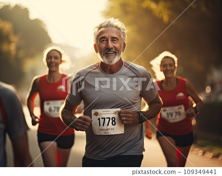 Senior grey haired men and women running a marathon race in a multi generation group of people in the park 109349441