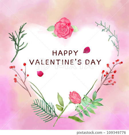 情人節背景插畫模板，心形框架裝飾水彩手繪玫瑰花和植物 109349776