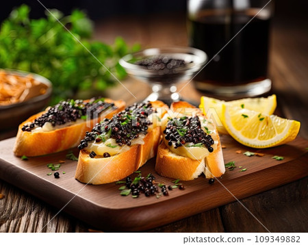 Tasty bruschetta with black caviar on wooden table with cup of coffee and oranges in the background 109349882