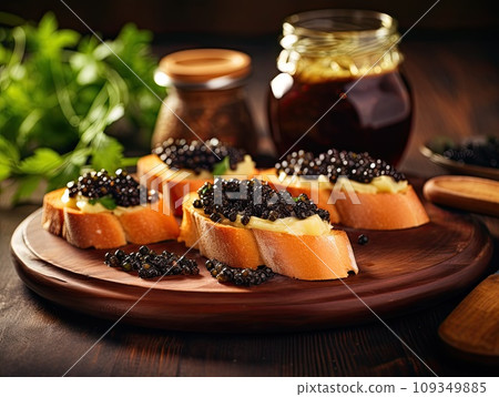 Tasty bruschetta with black caviar on wooden table with cup of coffee and oranges in the background 109349885