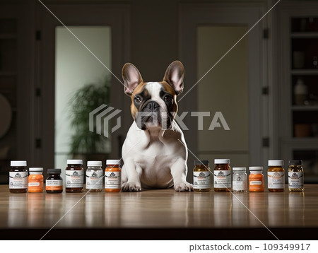 Adorable french bulldog sitting in front of pet supplement bottles with dog vitamins 109349917