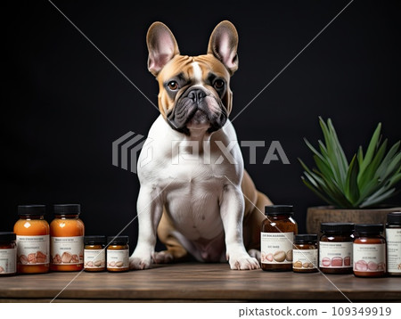 Adorable french bulldog sitting in front of pet supplement bottles with dog vitamins 109349919