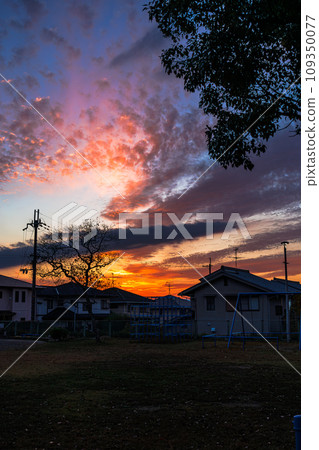 Nara City residential area, late autumn sunset. The sun setting behind the row of houses in the park and the sunset spreading across the sky⑥ Nara City residential area, late autumn sunset. The sun setting behind the row of houses in the park and the sunset spreading across the sky⑥ 109350077