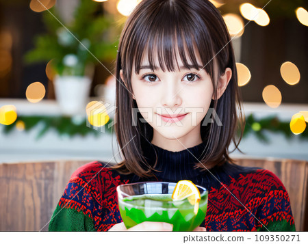 AI image: Smiling young woman enjoying a Christmas party 109350271