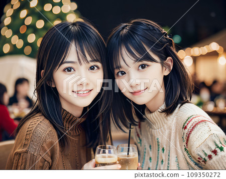 AI image: Smiling young women enjoying a Christmas party 109350272