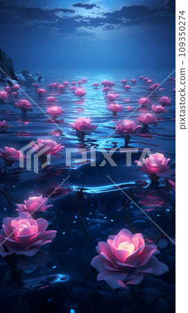 Fantastic night sea and beautiful glowing flowers AI image 109350274