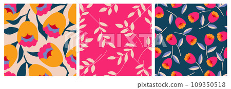 Set of hand drawn flowers, seamless patterns with floral for fabric, textiles, clothing, wrapping paper, cover, banner, interior decor, abstract backgrounds. 109350518