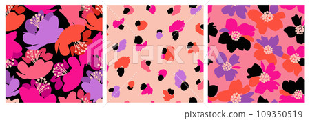 Set of hand drawn flowers, seamless patterns with floral for fabric, textiles, clothing, wrapping paper, cover, banner, interior decor, abstract backgrounds. Set of hand drawn flowers, seamless patterns with floral for fabric, textiles, clothing, wrapping paper, cover, banner, interior decor, abstract backgrounds. 109350519