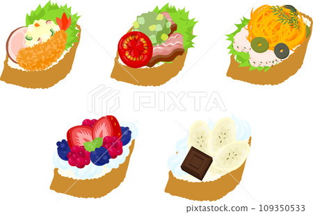 一個看起來美味可愛的開放式三明治的圖標，使用炸蝦、馬鈴薯沙拉等。 109350533