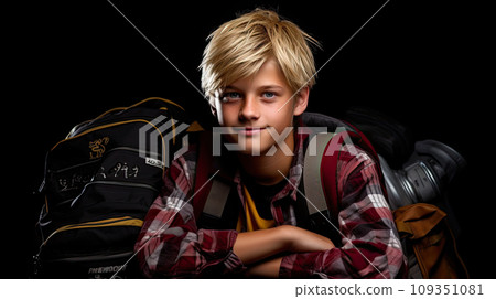 Cute teenager boy in red checkered shirt with school bag and hands in pockets over white isolated background, half body, as school, education concept Cute teenager boy in red checkered shirt with school bag and hands in pockets over white isolated background, half body, as school, education concept 109351081