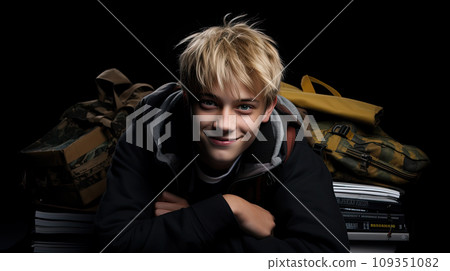 Cute teenager boy in black shirt with school bag and hands in pockets over black isolated background, half body, as school, education concept Cute teenager boy in black shirt with school bag and hands in pockets over black isolated background, half body, as school, education concept 109351082