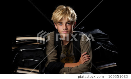 Cute teenager boy in black shirt with school bag and hands in pockets over black isolated background, half body, as school, education concept 109351083