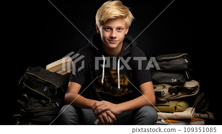Cute teenager boy in black shirt with school bag and hands in pockets over black isolated background, half body, as school, education concept 109351085
